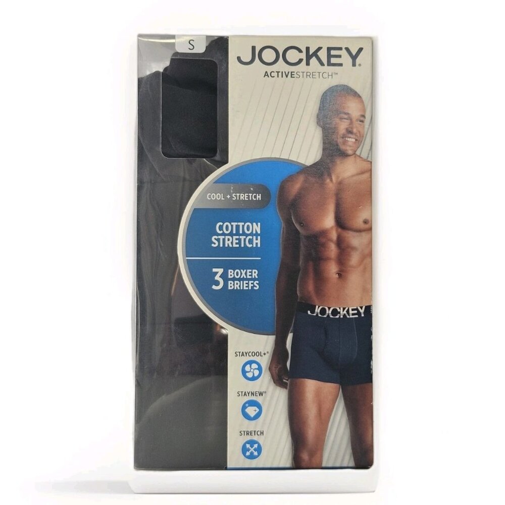 Jockey Active Stretch Men's Black Boxer Briefs Size S 28-30 Cotton Stretch 3 Pk